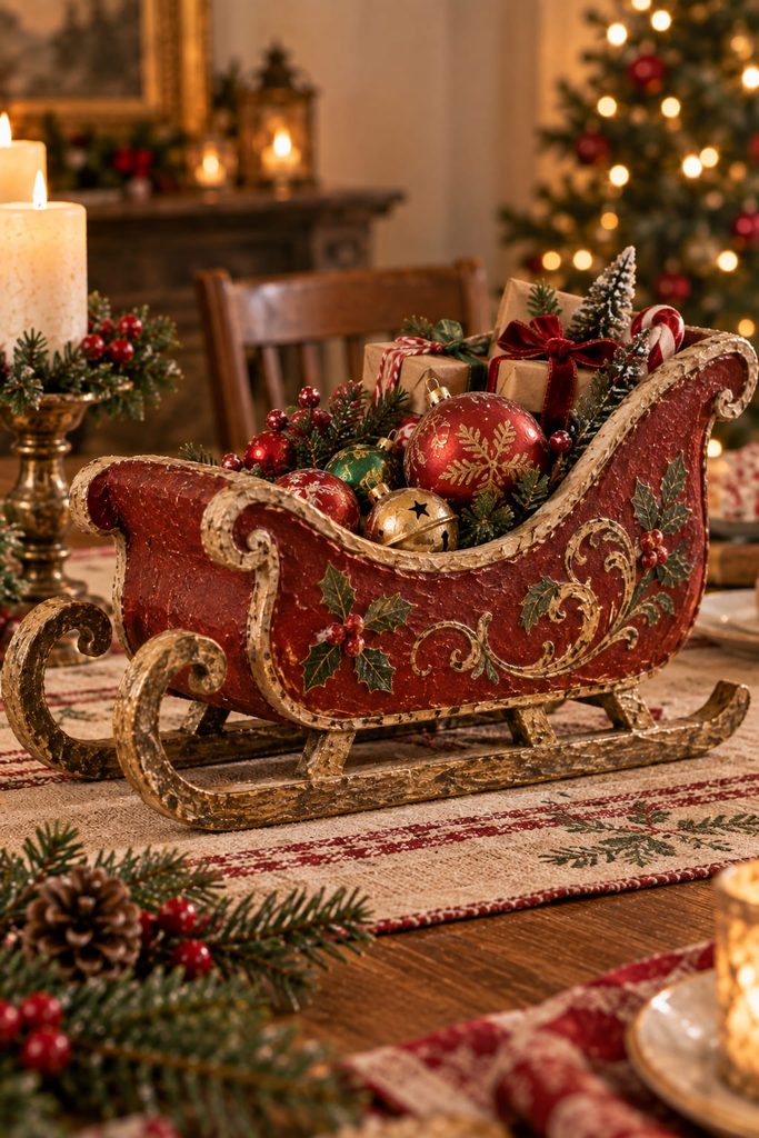 Vintage paper-mache sleigh centerpiece with a usable open cargo well holding lightweight ornaments and wrapped treats.