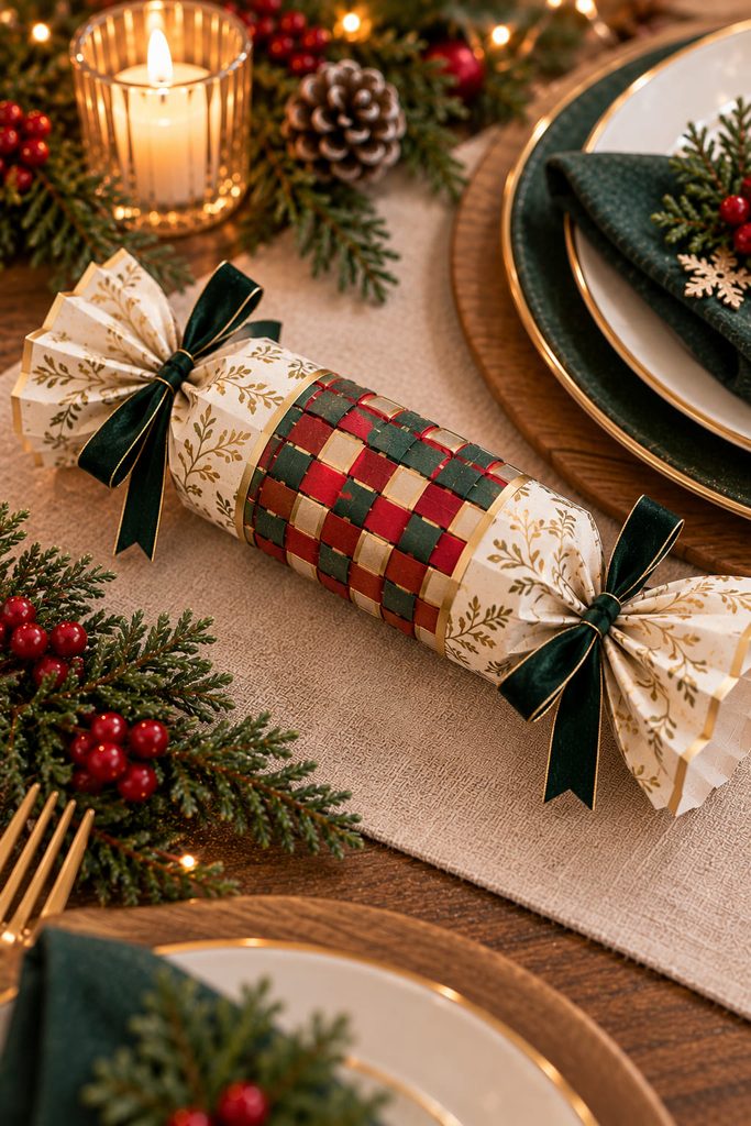 Ivory Christmas cracker with a removable red and green over-under woven paper sleeve.