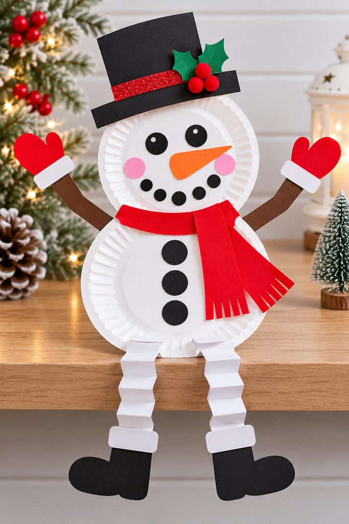 Paper plate snowman with folded accordion paper legs