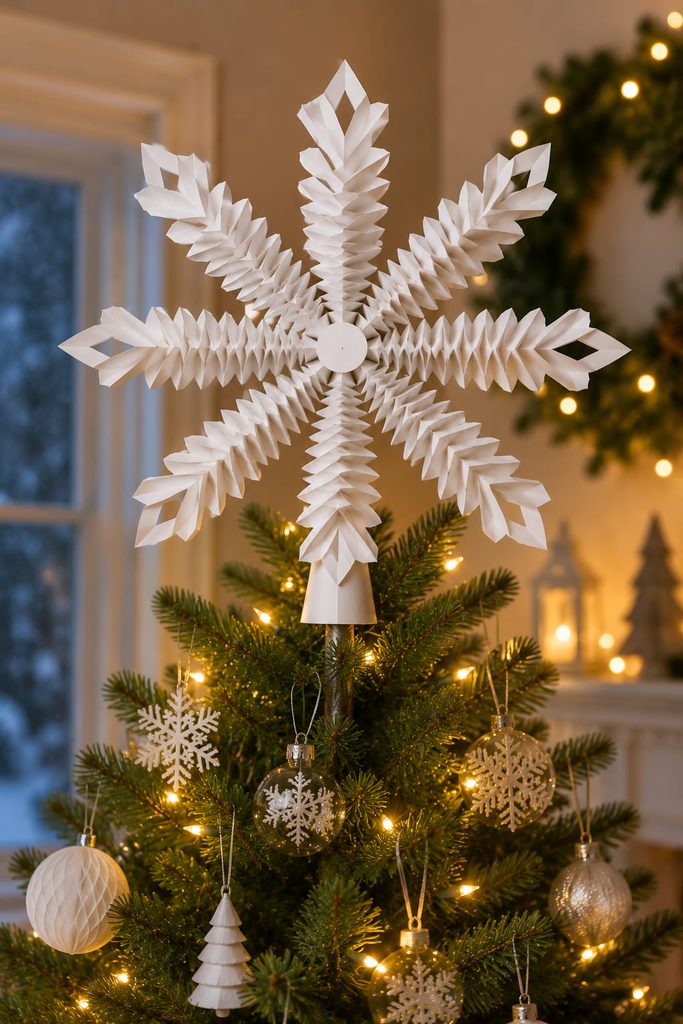 Accordion-folded paper snowflake mounted as a dimensional Christmas tree topper.