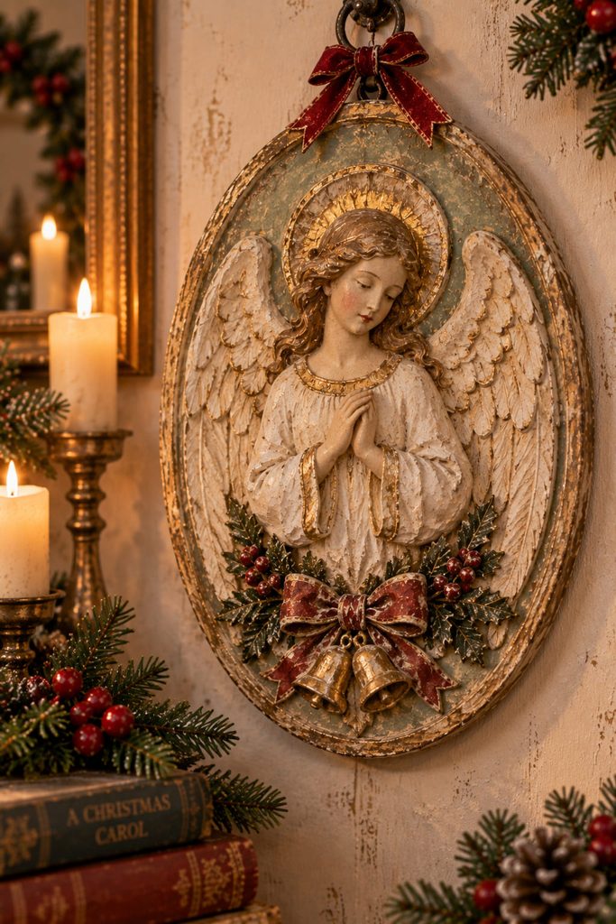 Oval paper-mache angel bas-relief wall plaque with shallow sculpted wings, raised halo, and restrained antique-gold details.