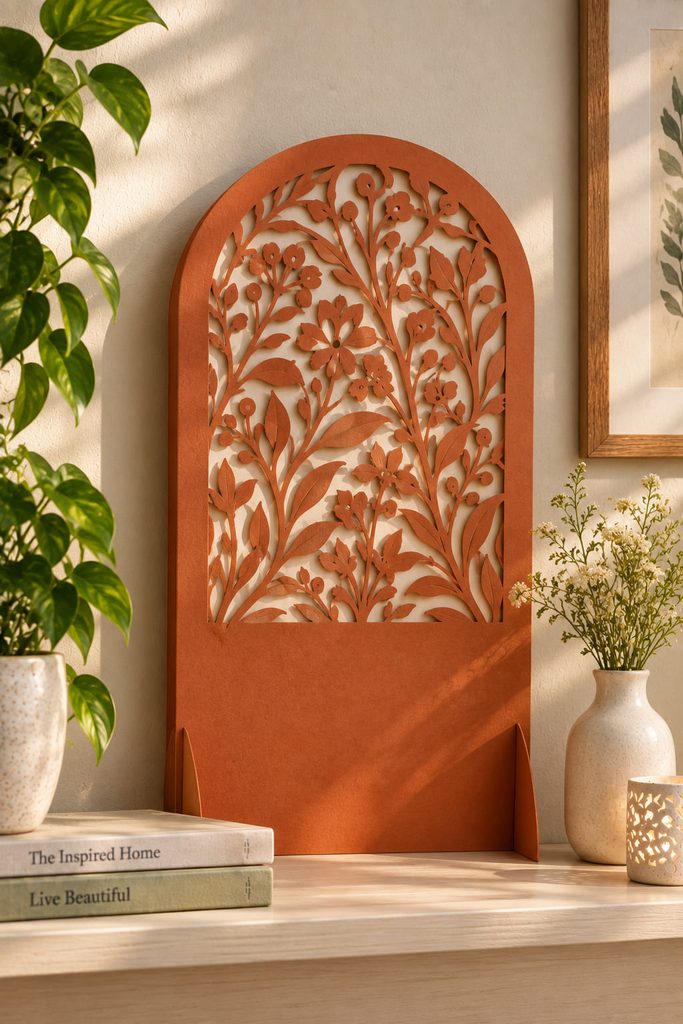 Terracotta arched papercut backdrop standing behind a vase and books on a pale shelf.