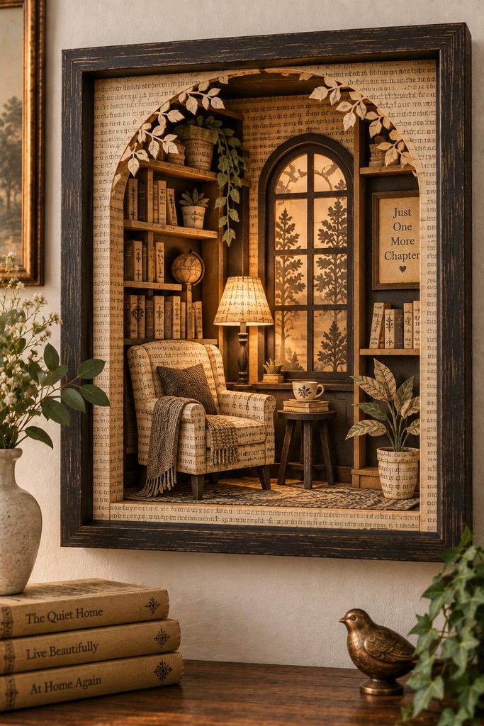Layered book-page shadow box depicting an arched reading nook with separated paper depth.