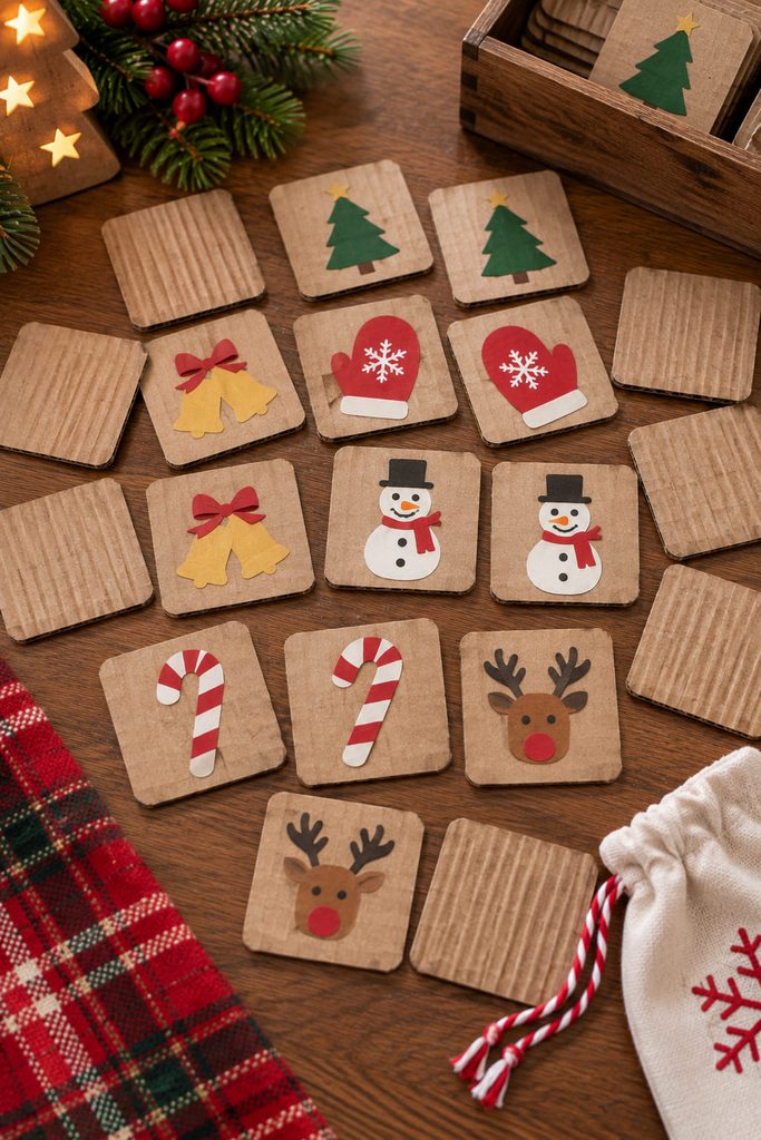 Christmas memory matching tiles cut from cardboard with simple paired holiday symbols.