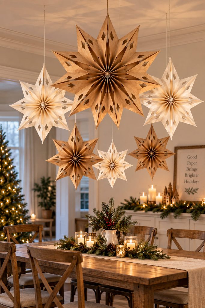 Ceiling cluster of kraft star decorations hanging independently at different heights above a table.