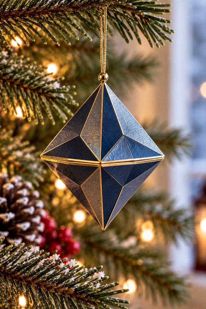 Midnight-blue double-pyramid paper diamond ornament with an aligned equator seam and crisp facets.
