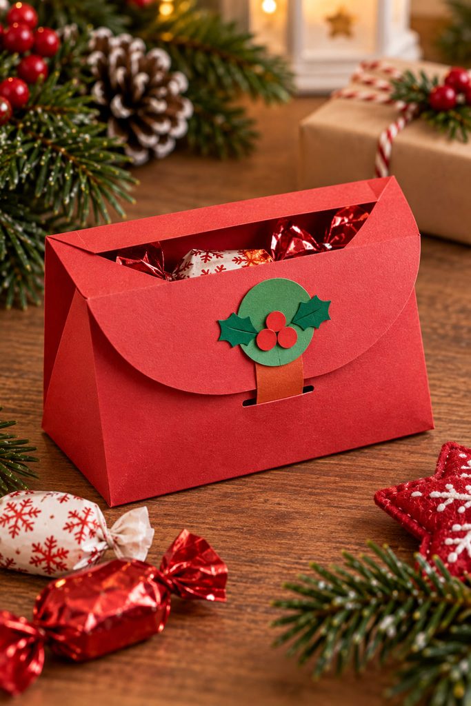 Folded red construction-paper treat pouch with a tucked flap and wrapped candy.