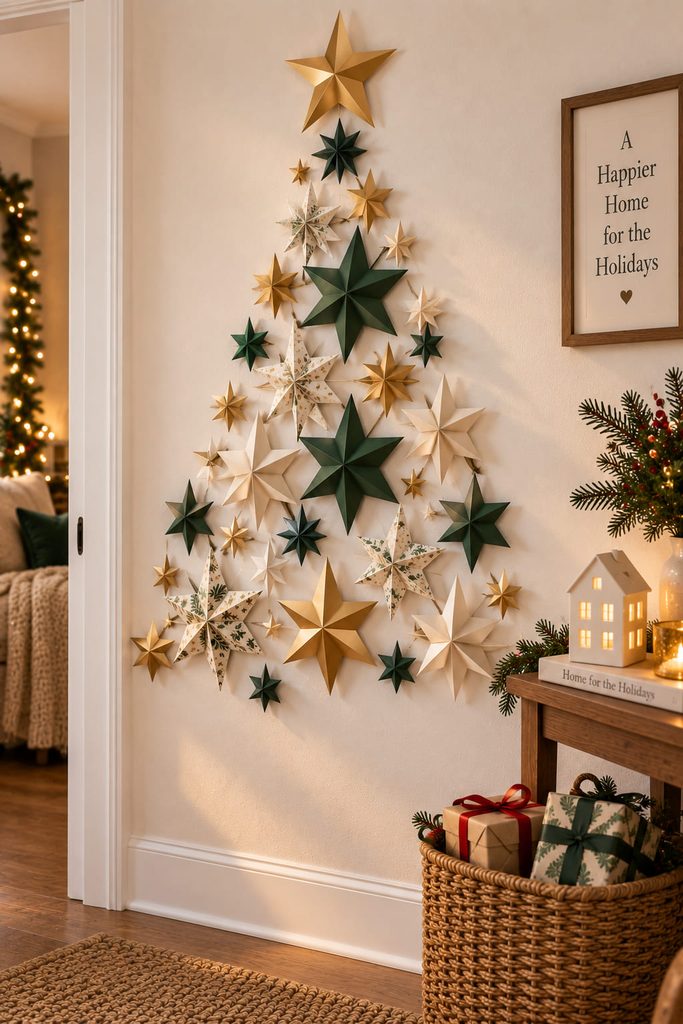 Folded paper stars in mixed sizes arranged loosely into a Christmas tree silhouette on a wall.