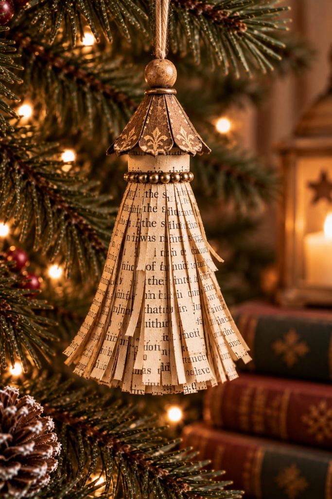 Fringed book-page tassel ornament with a scalloped muted-gold paper collar.