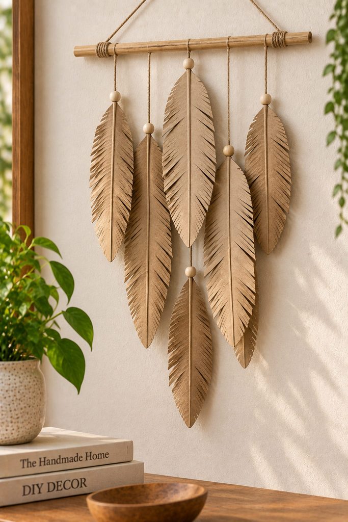 Fringed cardboard tube feathers hanging at varied lengths from a slim dowel.