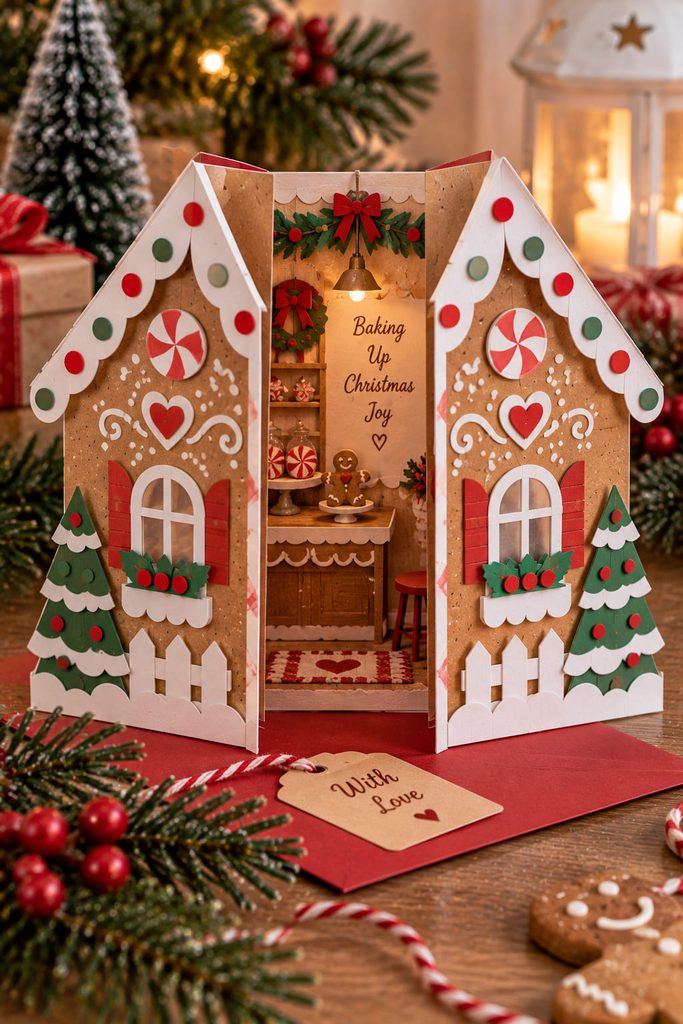 Gingerbread house gatefold card opening at the center to reveal a tiny paper candy-shop interior.