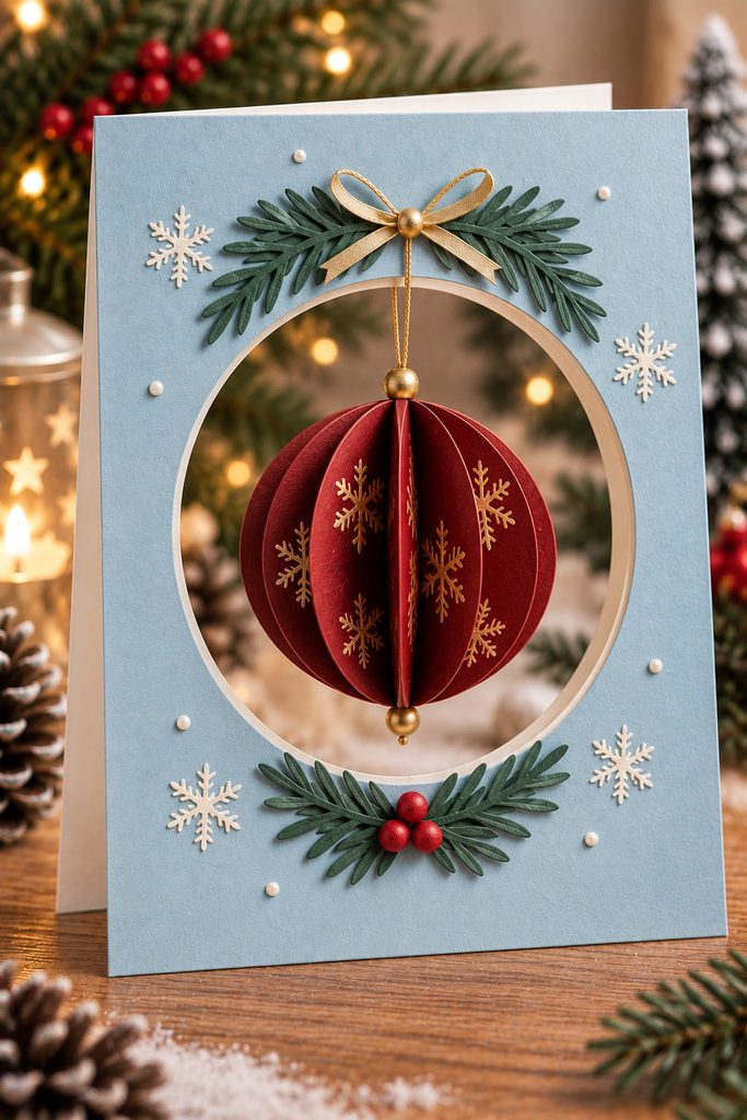 Folded paper bauble hanging from gold thread inside a circular window cut into a pale blue Christmas card.