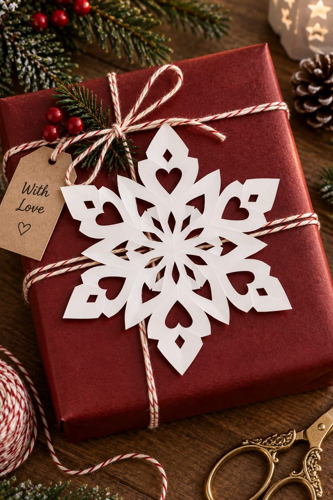White heart-window paper snowflake used as a decorative detail on burgundy gift wrap.