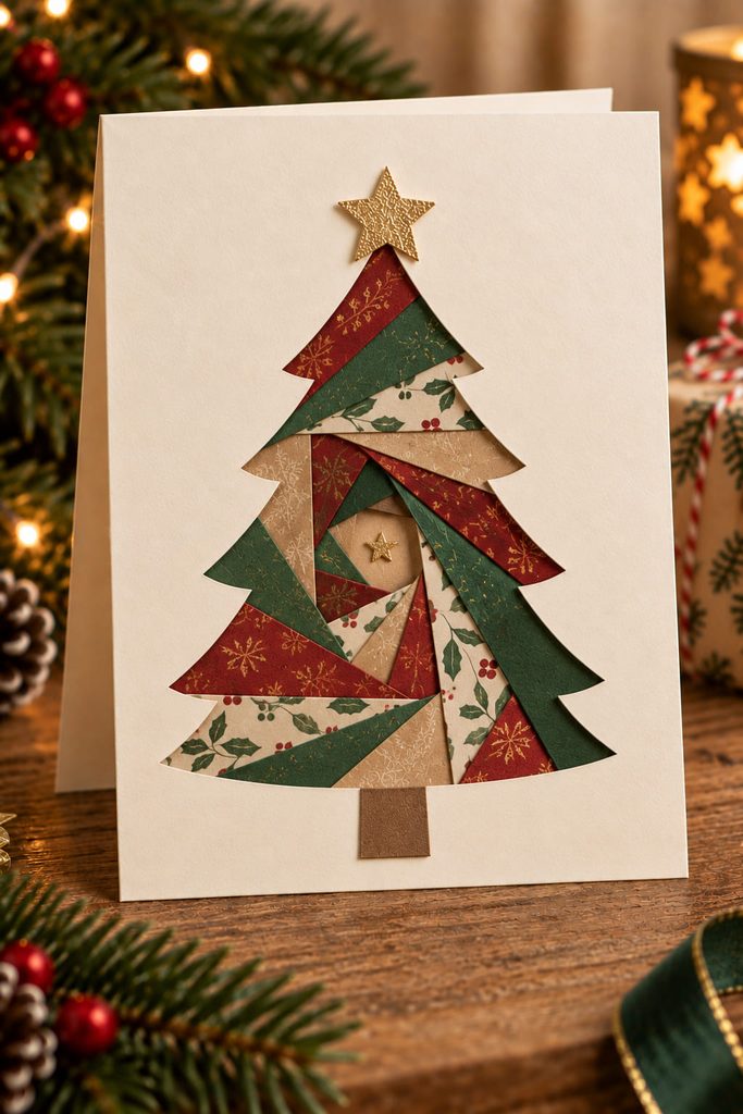 Tree-shaped Christmas card window filled with layered iris-folded holiday paper strips.