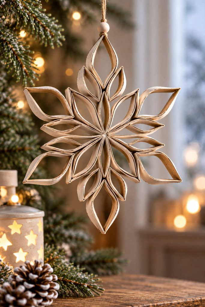 Garland of small cardboard-tube snowflakes spaced along fine thread above a simple mantel.