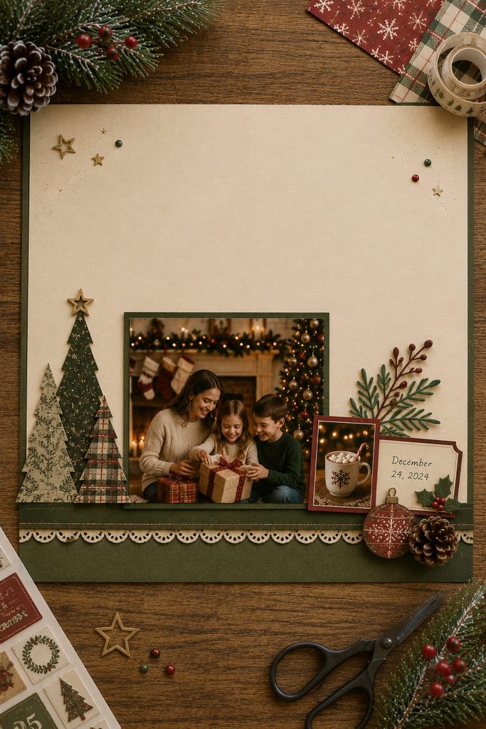 Bottom-heavy Christmas scrapbook composition with photos and paper trees arranged along a mantel-like baseline.