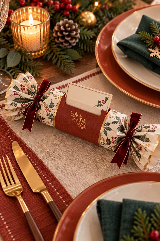 Christmas cracker with a small cardstock pocket holding a blank table card.