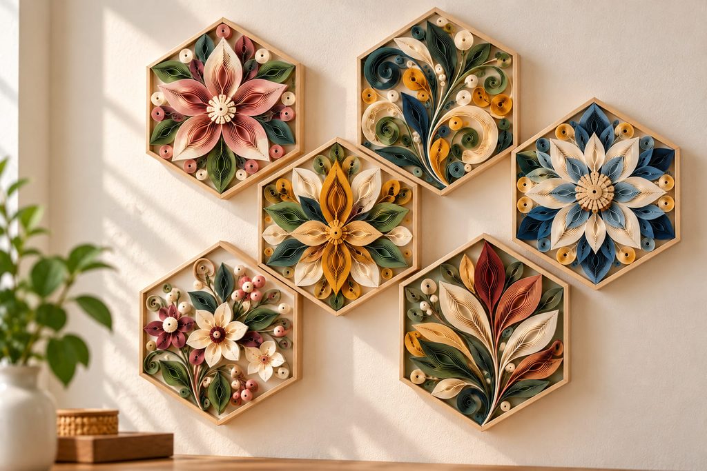 Modular hexagon wall tiles filled with varied handmade quilled paper designs.