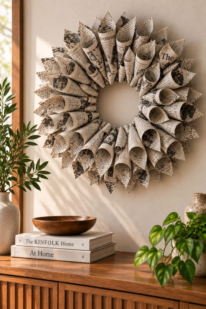 Radial newspaper cone wreath with a clearly open center mounted on a neutral wall.