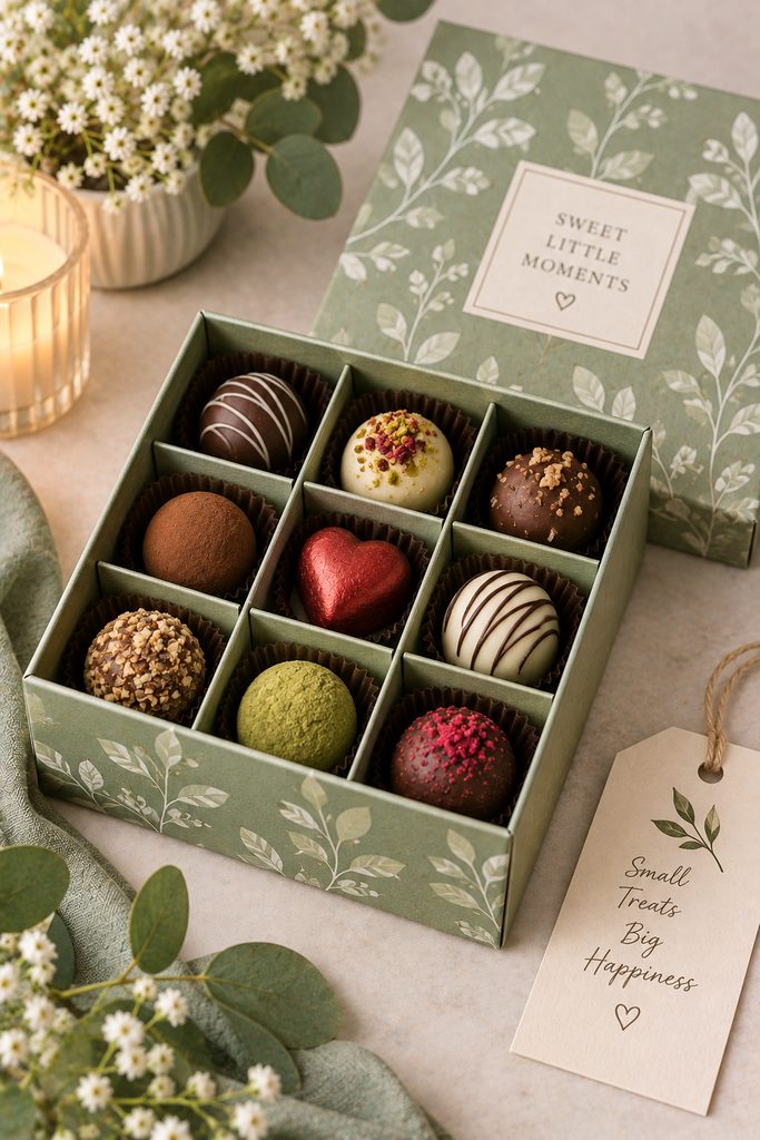 Sage folded paper box with nine divided compartments holding assorted chocolates.