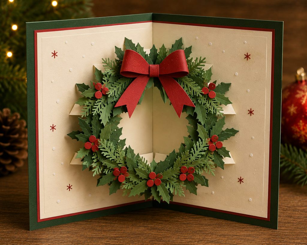 Layered green paper wreath with an open center lifting forward inside a Christmas card.