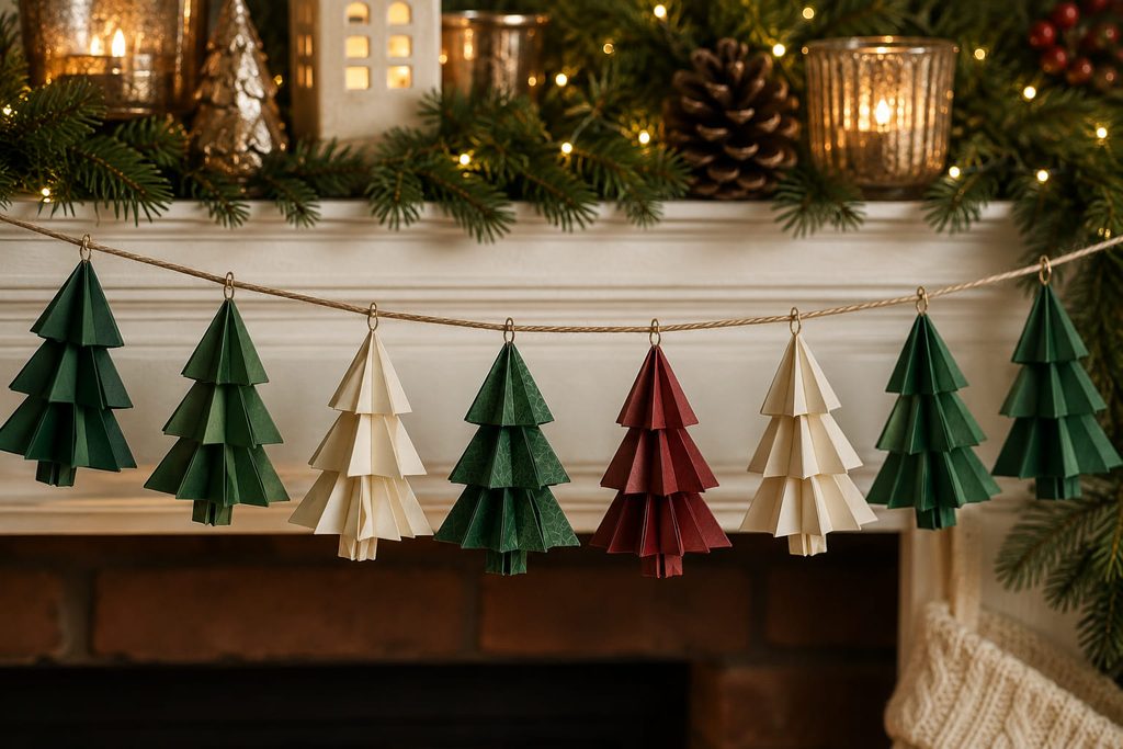 Garland of repeated folded origami trees spaced evenly along a holiday mantel.