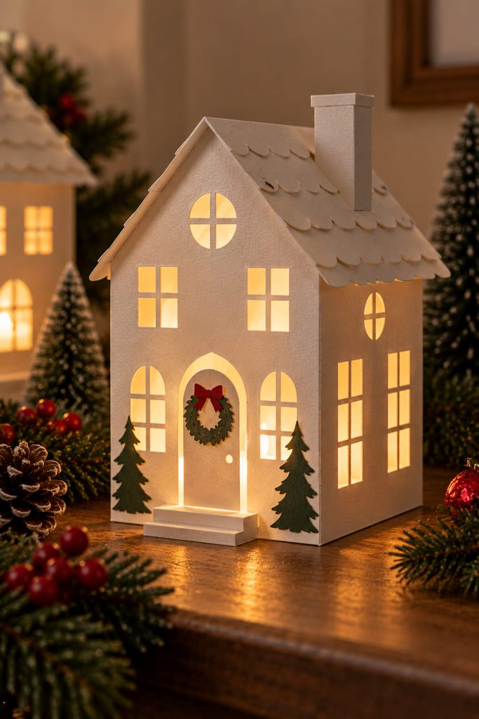 Cardstock Christmas house luminary with glowing vellum windows over a battery LED tea light.