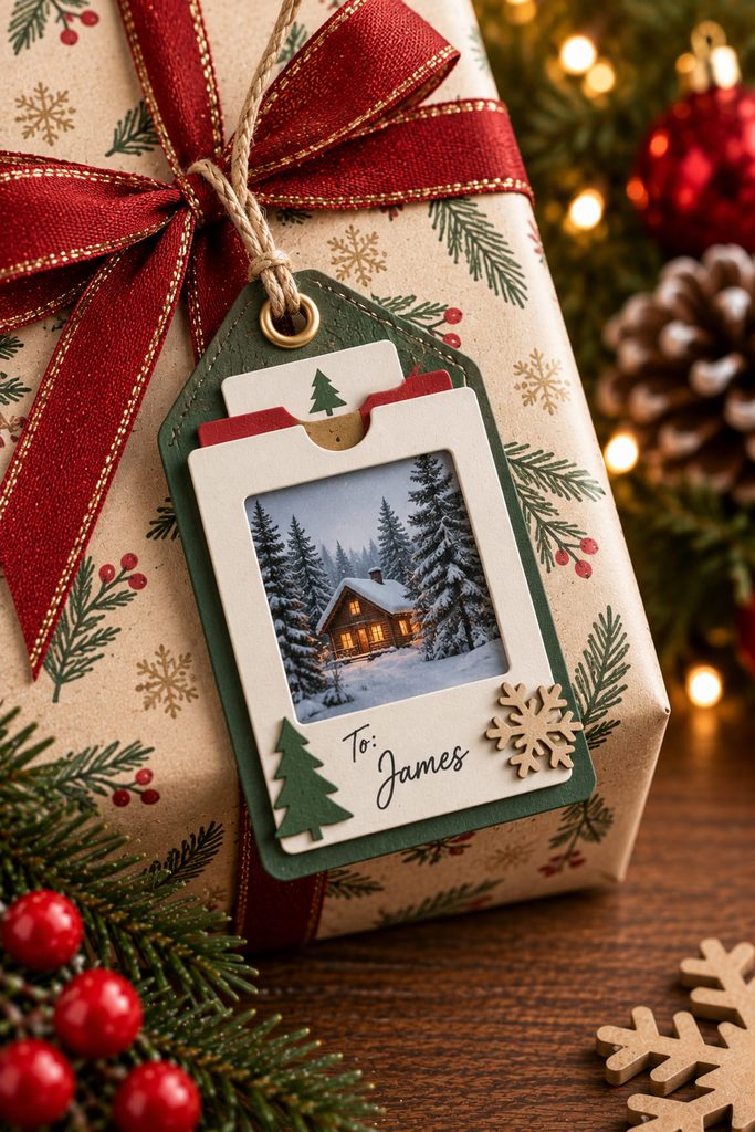 Mini photo-frame keepsake tag with a removable winter picture.