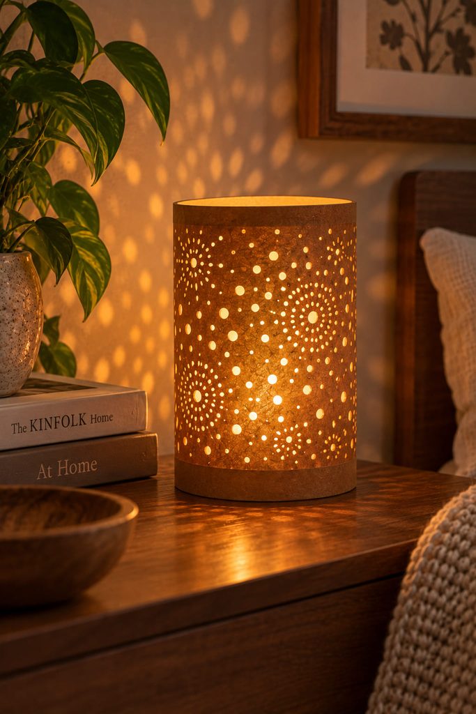 Kraft paper lantern with varied pinhole openings casting a quiet pattern of warm light.