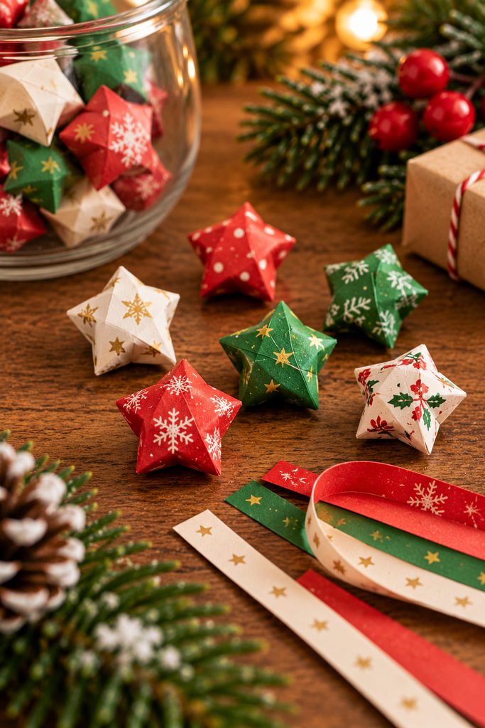 Small puffy paper lucky stars folded from narrow Christmas-colored strips.