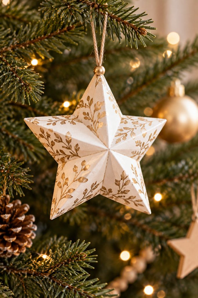Puffy paper star ornament with a lightweight hollow form hanging from an evergreen branch.