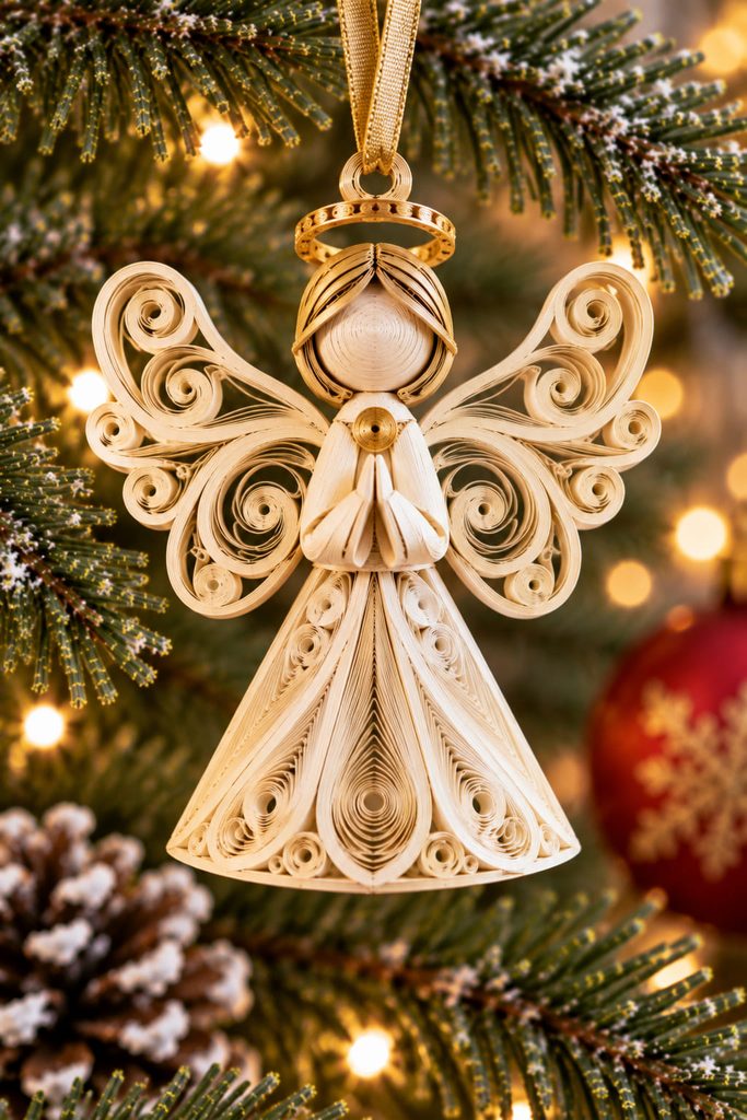 Cream quilled angel ornament with mirrored scroll wings, gold halo, and a shallow paper cone body.