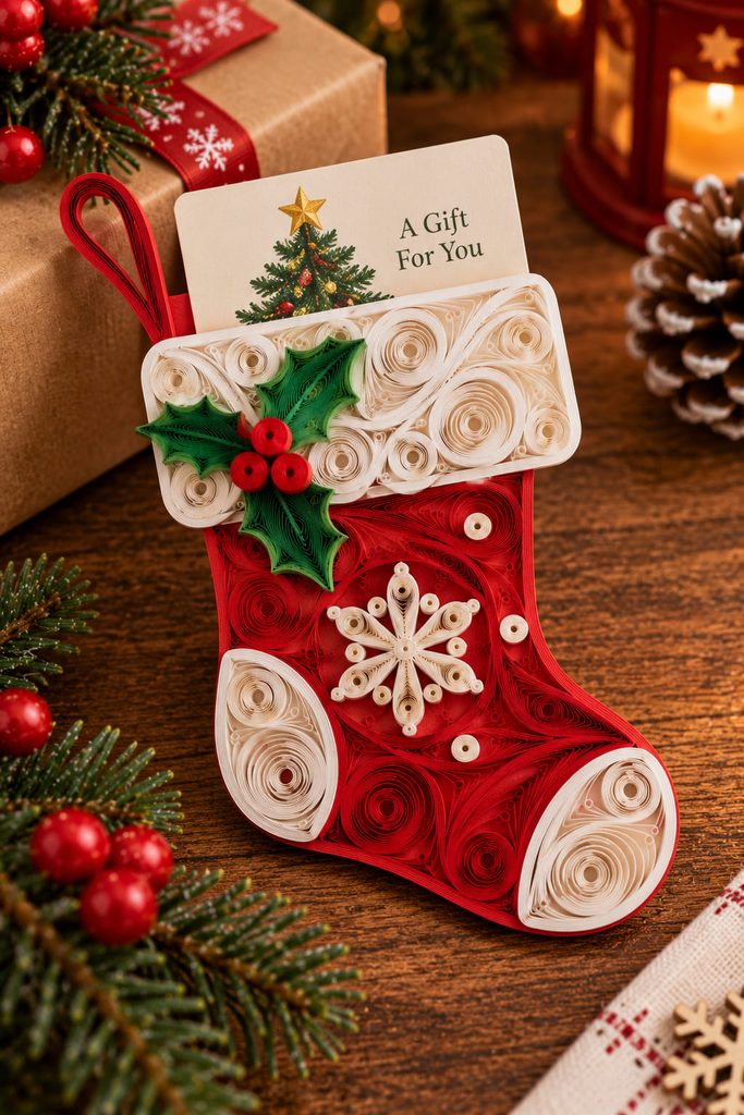 Red stocking-shaped gift card pocket with a visible card and white quilled cuff decoration.