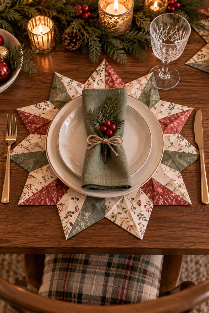 Large folded-paper star placemat assembled from repeated kite-shaped modules beneath a dinner plate.