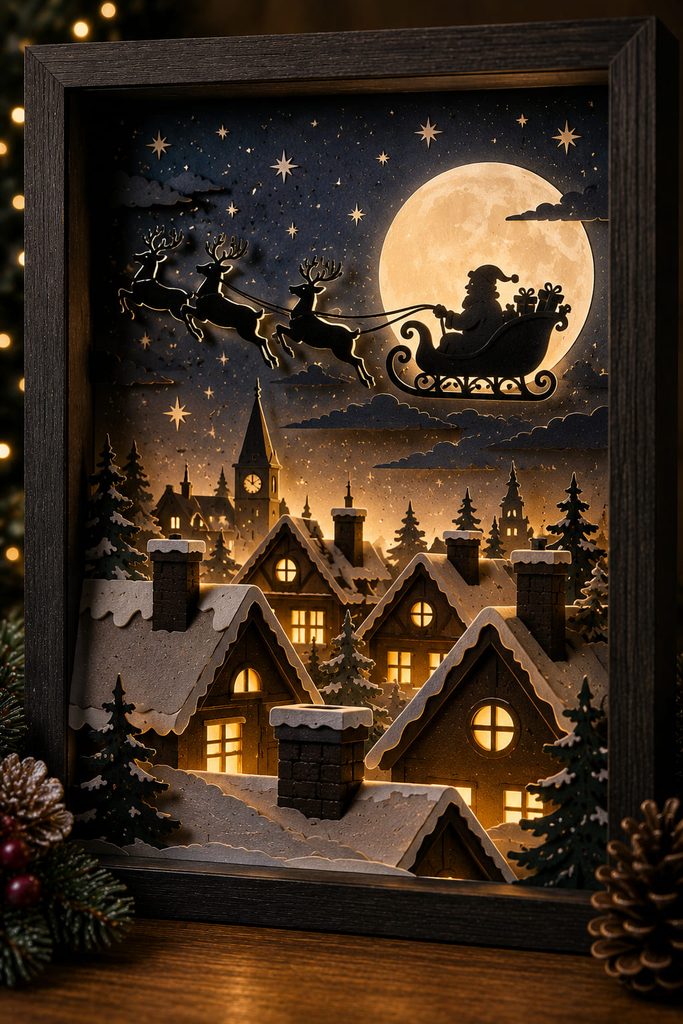 Santa sleigh silhouette flying above layered snowy rooftops in a Christmas shadow box.