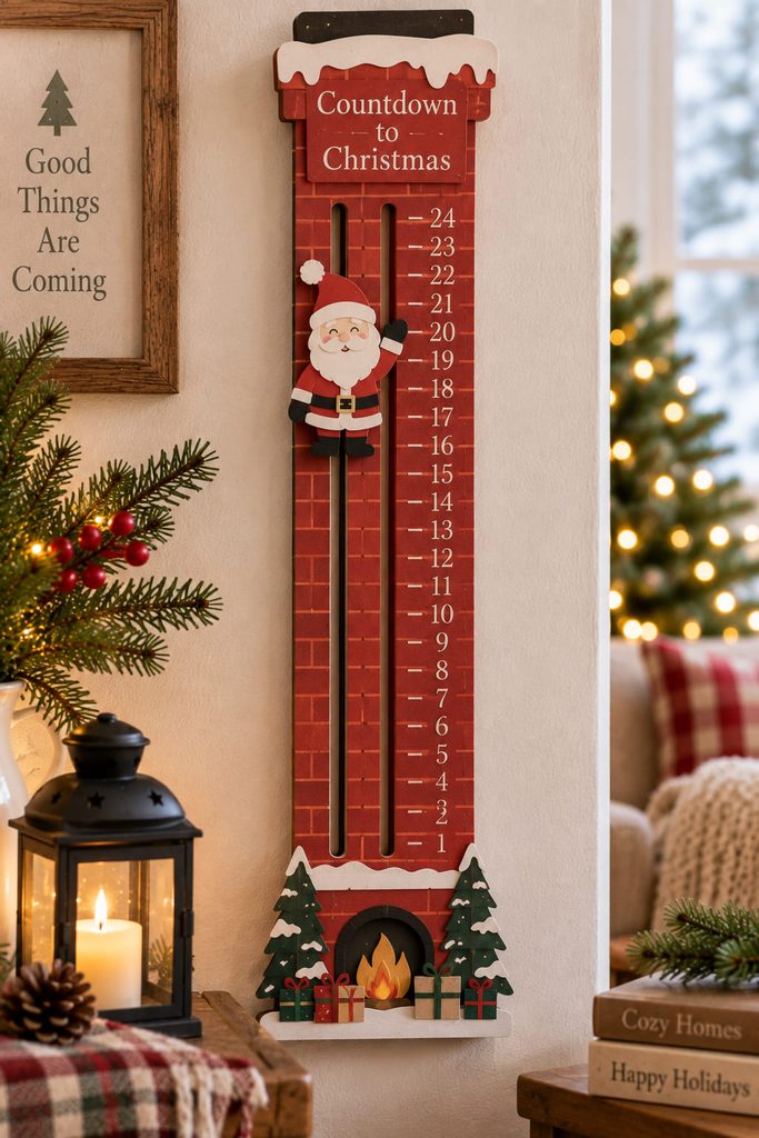 Paper chimney countdown with a Santa-shaped slider moving through vertical slots.