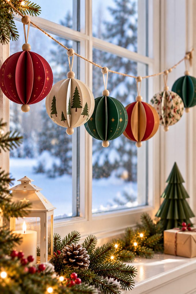 Faceted slot-together cardstock spheres hanging in a modern Christmas garland.