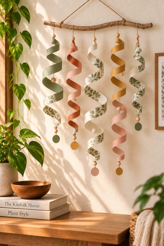 Spiral-cut paper curls hanging freely in a lightweight wall mobile.