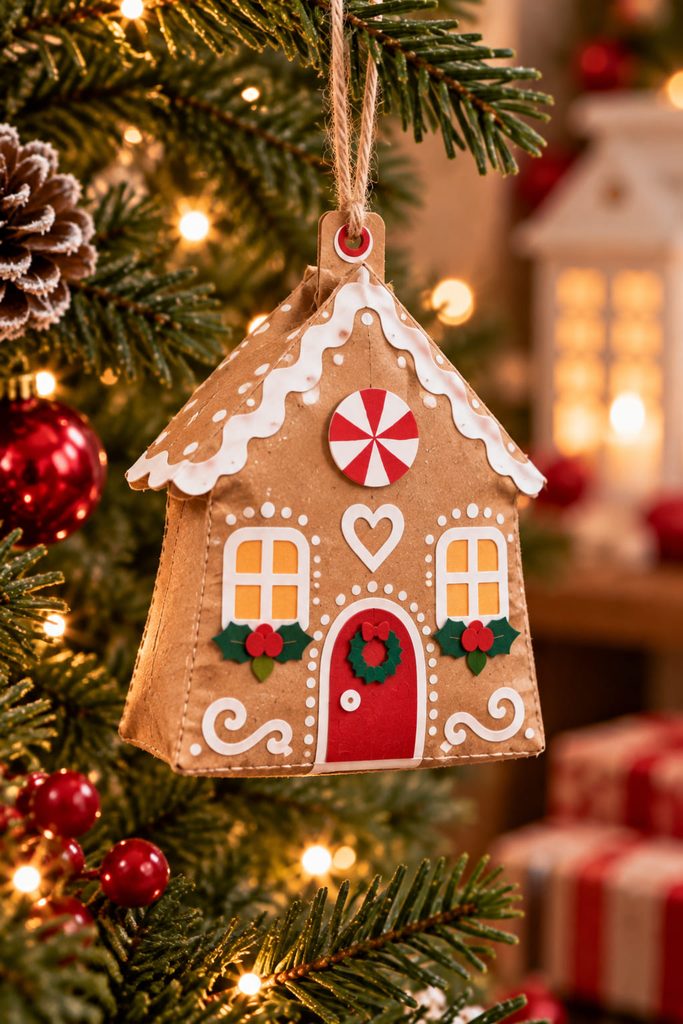 Softly stuffed kraft paper gingerbread house ornament hanging from an evergreen branch by a reinforced loop.