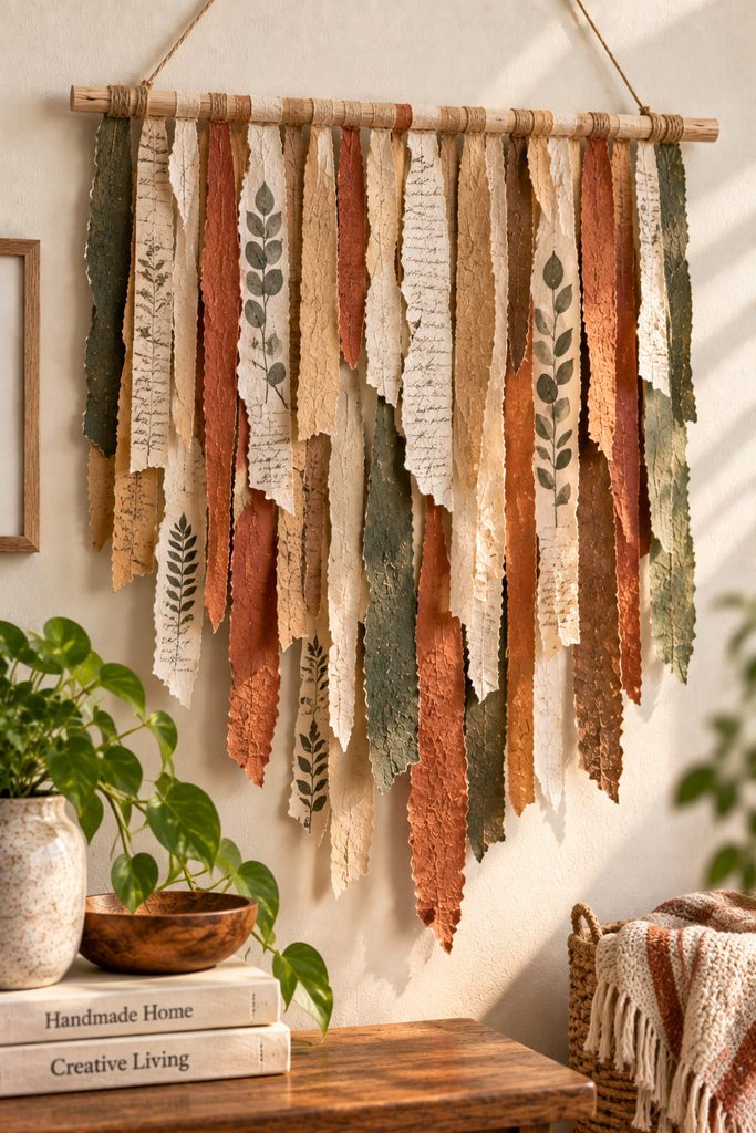 Wall tapestry of long torn paper strips hanging freely from a simple wood dowel.
