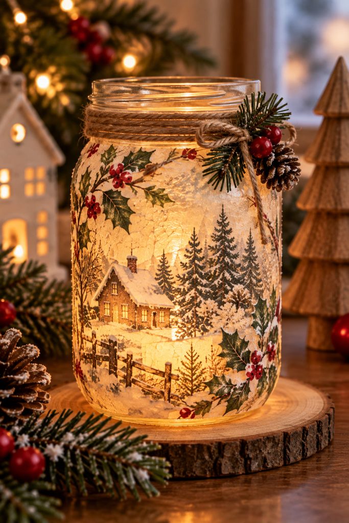 Glowing glass luminary jar with translucent winter paper decoupage and a battery-powered LED inside.