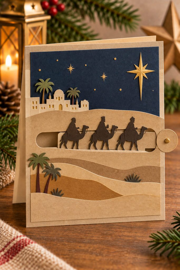 Interactive Magi slider card with paper travelers moving across desert layers toward a fixed gold star.