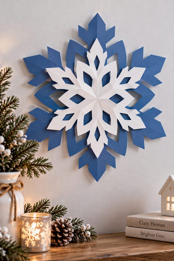 Two-layer blue and white paper snowflake medallion with offset arms.