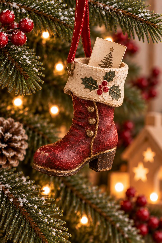 Victorian-style paper-mache boot ornament with an open cuff holding a tiny folded paper note.
