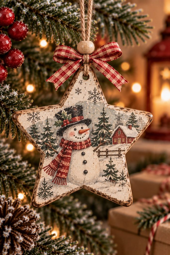 Wooden spool ornament wrapped with a vintage toy-shop label and threaded through the center for hanging.