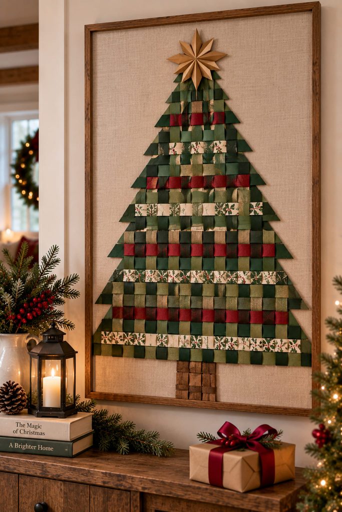 Woven paper strips forming a framed Christmas tree with a visible over-under pattern.