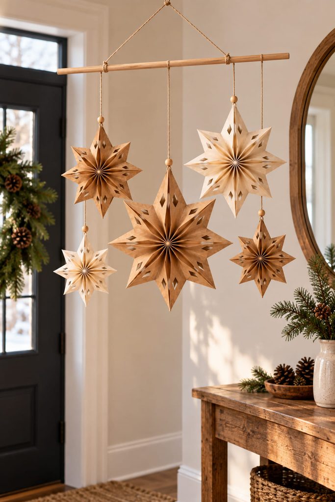 Balanced paper bag star mobile suspended from a lightweight dowel in an entryway.