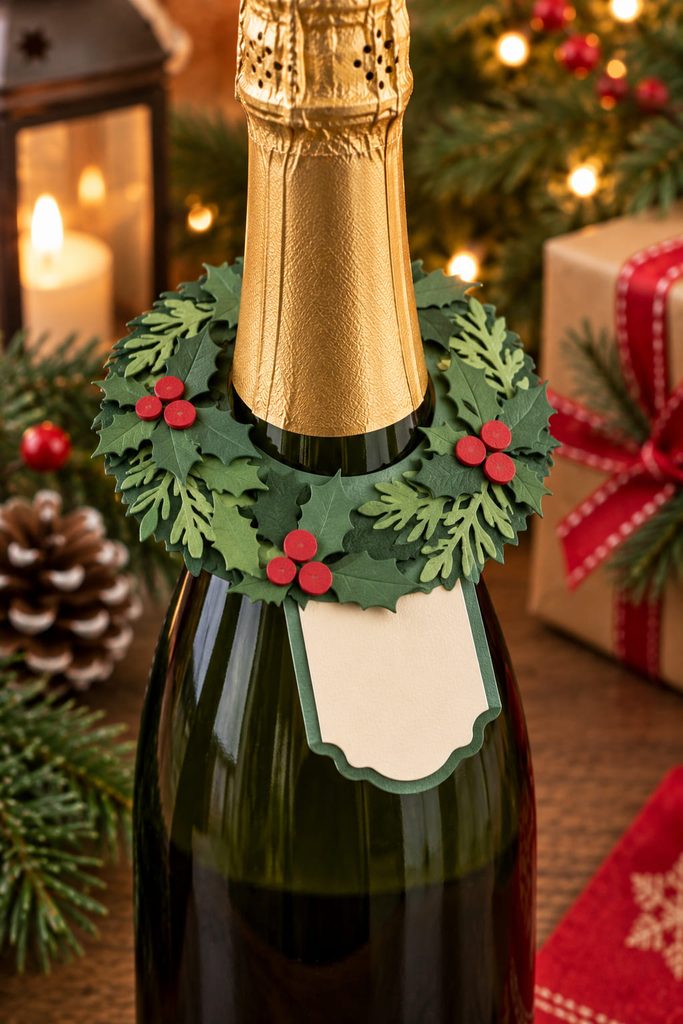 Green paper wreath collar tag fitted around the neck of a holiday bottle.