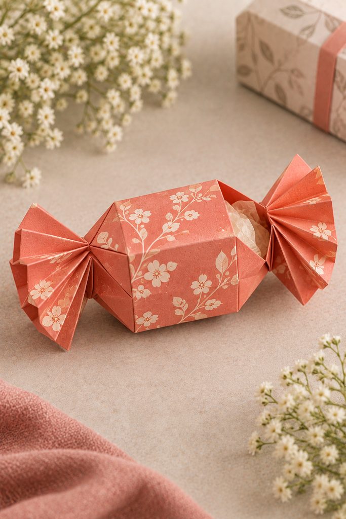 Coral folded paper candy box with flared fan-shaped ends.