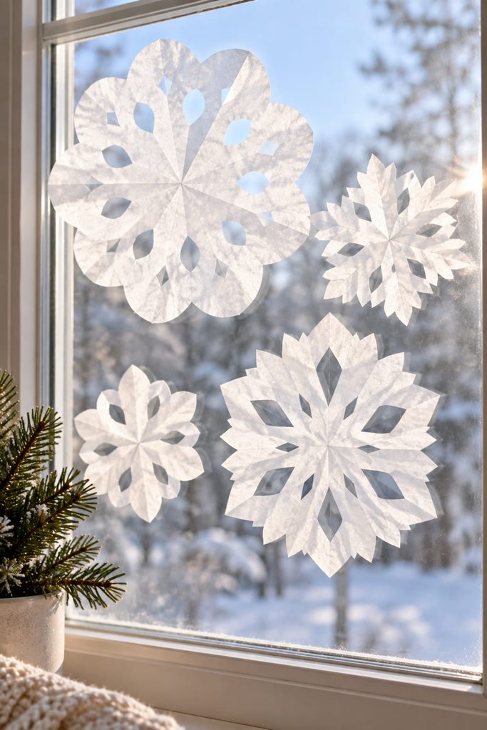 Translucent coffee filter snowflakes arranged in a bright winter window.